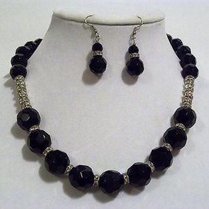 Jet Black Faceted Glass Beaded Necklace and Earrings